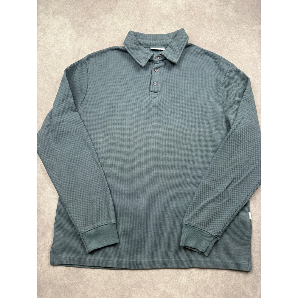 Onia Mens XL Waffle Knit Thermal Long Sleeve Polo Shirt Slate Blue Gray Casual